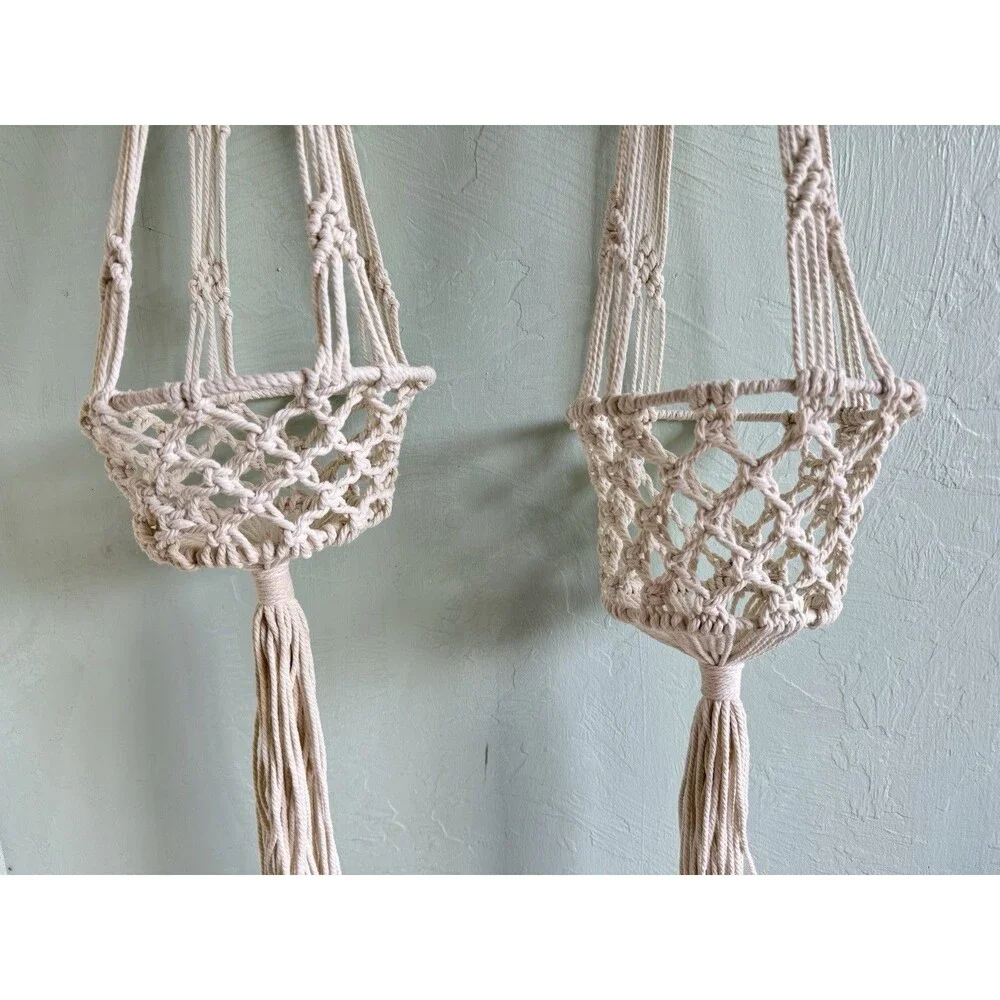 Macrame Plant Hangers Set of 2 Boho Farmhouse Decor Rope White Small